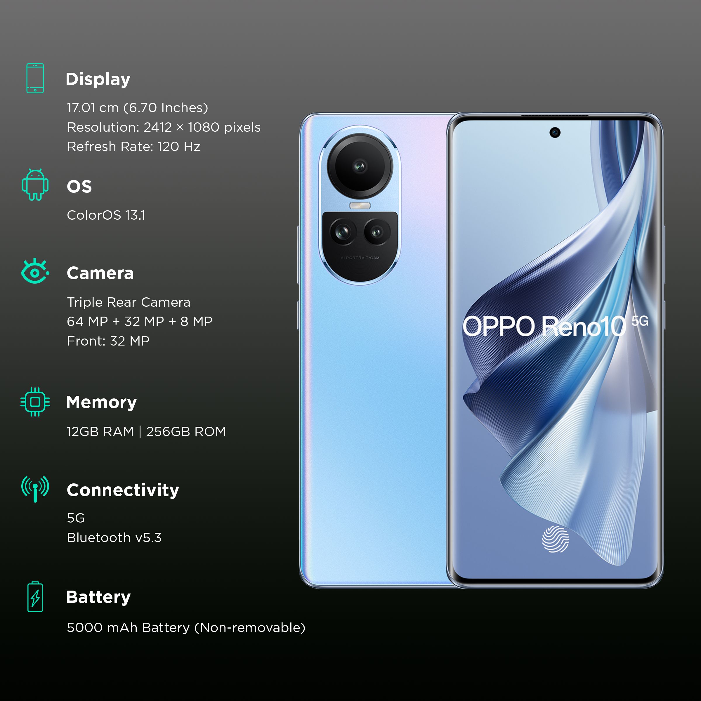 Buy Oppo Reno 10 5G (8GB RAM, 256GB, Ice Blue) Online - Croma